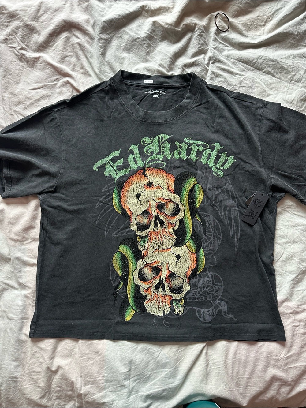 Ed Hardy Y2K Streetwear Skull Snake Graphic Rhinestone Tee Vintage Black XXL